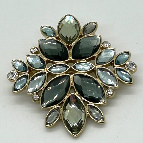 Napier Vintage Brooch Blue Green Rhinestone Teal Floral Cross Gold-Tone 2 inch - Picture 2 of 16